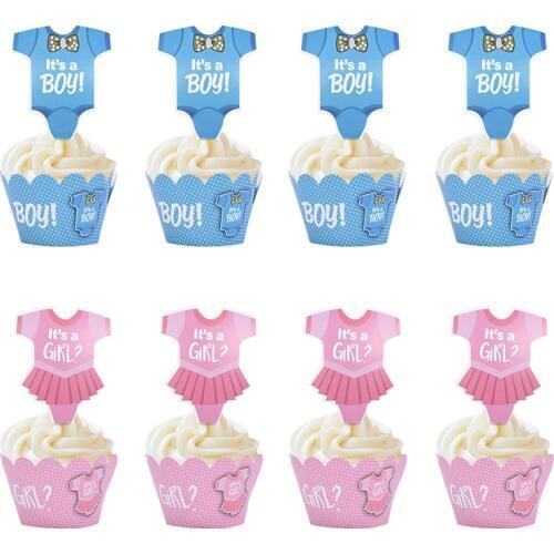 24Pcs Baby Shower Decoration Cupcake Wrapper with Topper Gender Reveal Party Supplies Baby Shower Girl Kids Birthday Decorations