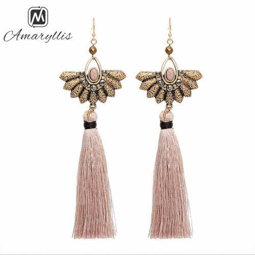 Amaiyllis Elegant Color Long Tassel Earrings For Women Ethnic Metal Fan Pendant Dangle Earrings Statement Drop Earrings Brincos