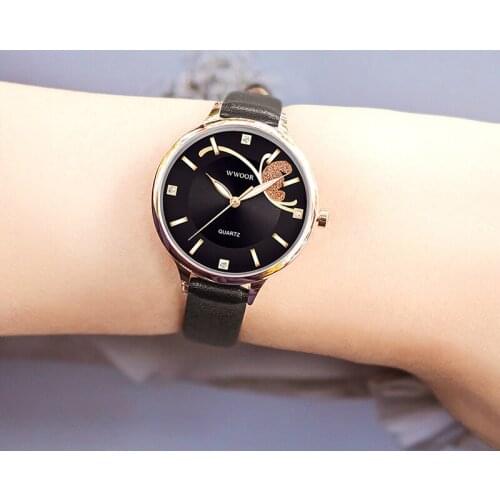 2021 New Watch Women WWOOR Top Brand Luxury Diamond Women Black Leather Watches Ladies Fashion Sport Clock Gift Relogio Feminino