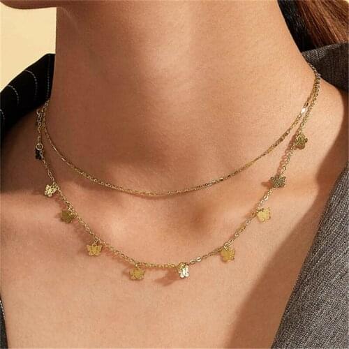 Simple Butterfly Pendant Choker Necklace For Women Double Layer Statement Collares Clavicle Chain Necklace Jewelry Gift Collier