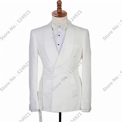 Double Breasted Men Suits White Groom Tuxedos Shawl Satin Lapel Groomsmen Wedding 2 Pieces ( Jacket+Pants+Bow Tie ) D66