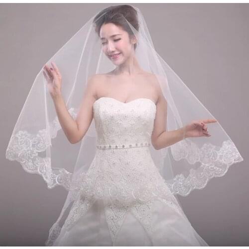 Fantastic New Bridal Veils Two Layered Waist Lace Applique White Champagne Velos de novia Lace Edged Tulle Wedding Accessories