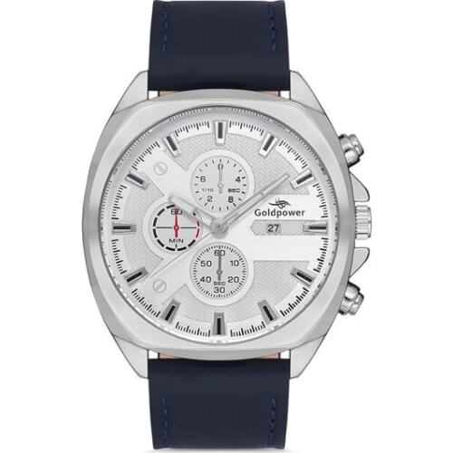 Goldpower Calendar Black Leather Watchband Metal Case Men 'S Watch