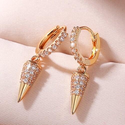 Huitan Metallic Style Geometric Drop Earrings for Women Luxury Inlaid CZ Gold Color Fashion Versatile Girls Ear Ring Jewelry Hot