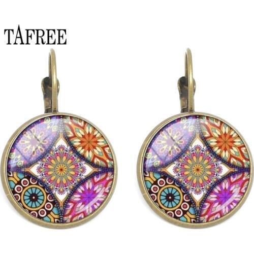TAFREE Buddhism Colorful Mandala Clip Earring Antique Bronze Plated Glass Cabochon Pattern Earring Chakra Zen Yoga Jewelry HN301