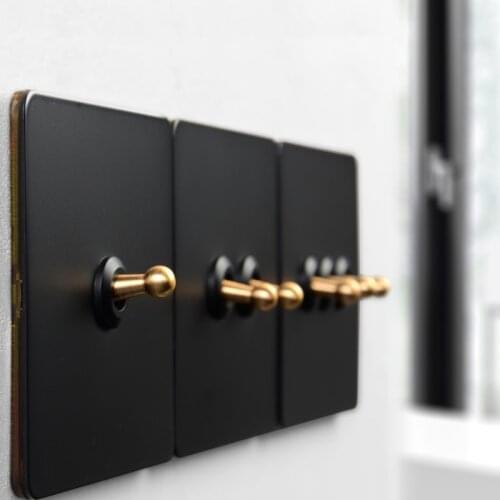 Wall Toggle Switch 1-4 Gang 2 Way Knurled Copper Lever Black Stainless Steel Panel Wall Light Switch EU Socket