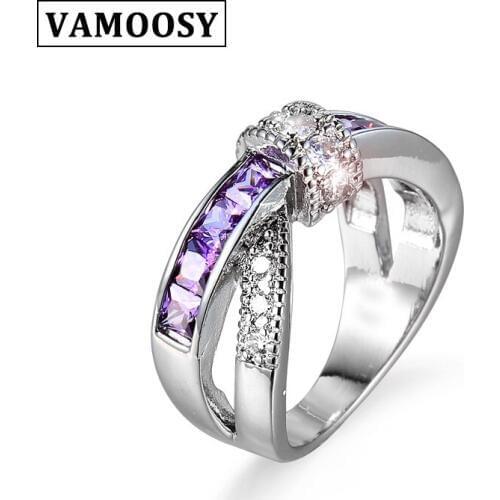 VAMOOSY Wedding Crystal Silver Color Rings cross Engagement silver Color Cubic Zircon Ring 2018 Fashion Bijoux For Women Jewelry