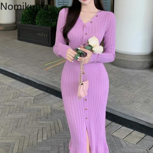 Nomikuma Single Breasted Bodycon Dress Women Slim Waist V Neck Long Sleeve Autumn Knitted Dresses Solid Color Vestidos Mujer