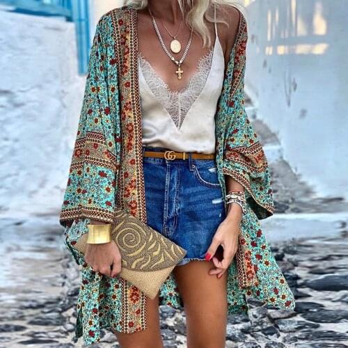 Boho Flower Print Beach Kimono Cardigan Women Long Sleeve Swimwear Bikini Bathing Suit Beach Cover Up Holiday Autumn 2021