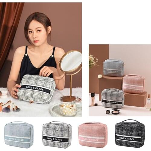 Portable Makeup Bag Travel Cosmetic Bag Polyester Zippered Makeup Brush Toiletry Bag Multi-function with Handle Home Storage