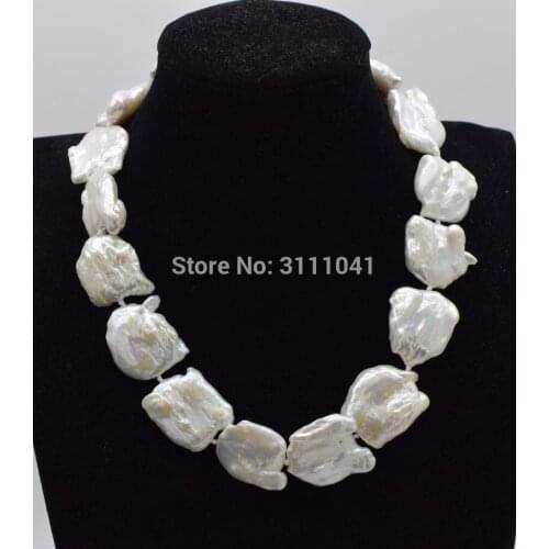 Freshwater pearl reborn keshi white flat baroque 22-25mm necklace 17inch FPPJ wholesale beads nature