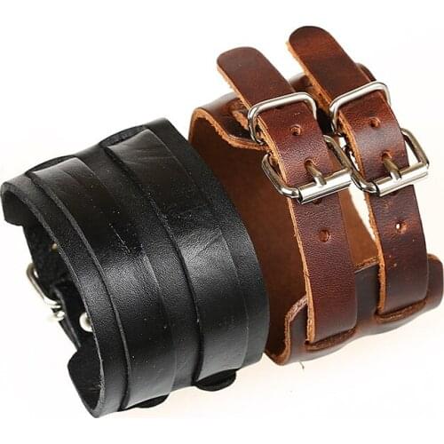 Factory Direct Sale Vintage Leather Bracelet Wide Leather Double Buckle Bracelet for Men and Women Punk Cowhide Bracelet