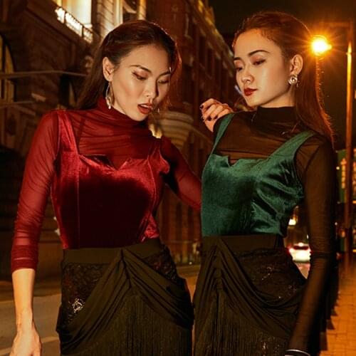 Latin Dance Shirts Sexy Velvet Vest Top Women Practice Clothes Ladies Tango Cha Cha Rumba Samba Adult Performance Wear DNV12251