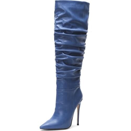 Waterproof Winter Boots Women Thin High Heel Pleated Folds Women Flannel Boots Fashion Leather Pointed Toe Warm Shoes For Winter