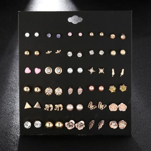 30Pair/Pack Vintage Animal Elephant Butterfly Shaped Stud Earring Set Cute Shiny Crystal Brincos EAR STUDS