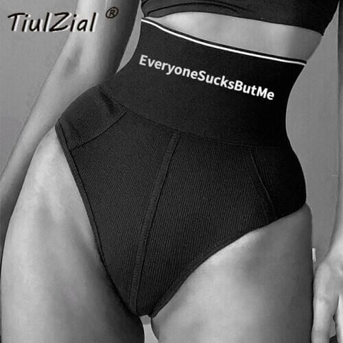 TiulZial Skinny Print Letter High Waist Shorts Women Streetwear Ribber Knitting Black Short Home Stretchly Elastic Waist Shorts