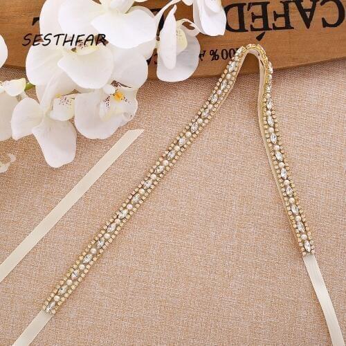 SESTHFAR Crystal Wedding Belt Gold Pearls Rhinestones Ribbons Bridal Belt Sash For Wedding Dress