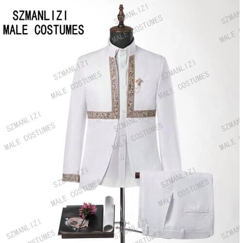 SZMANLIZI 2021 Gentleman Stand Collar White Men Suit With Pants Groom Tuxedos Masculino 2Pieces Best Man Wedding Suit Male Dress