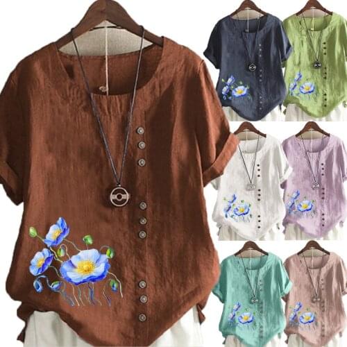 Womens Fashion Linen Shirt Flowers Printed T-shirt Summer Short Sleeve Tops O-neck Loose Blouse S-5XL