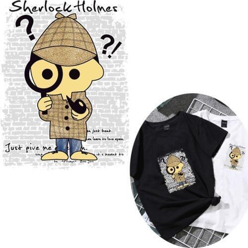 Women Clothes Holmes Detective boy Iron on transfer Printing Flower Patches for clothing T-shirt Biker Patch Heat PVC Stickers
