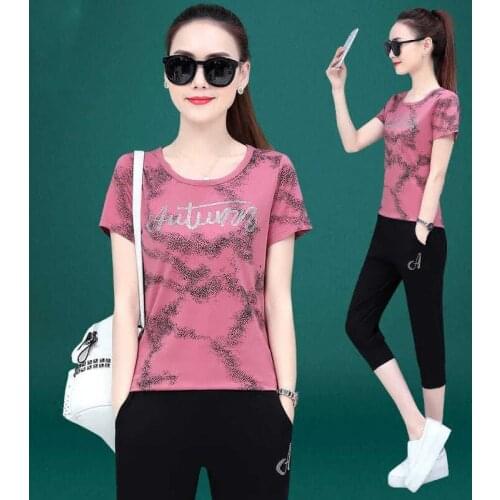 Ladies Casual Pant Suit Women 2021 Summer Femme Temperament Camouflage Short-Sleeved+Sportswear Pants Sets Two Piece Set Women