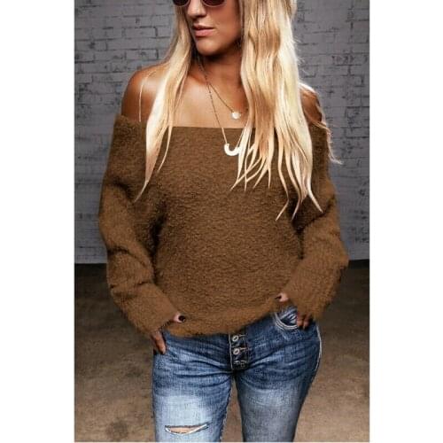 Womens Off the Shoulder Fluffy Sweater Loose Long Sleeve Jumper Pullover Tops