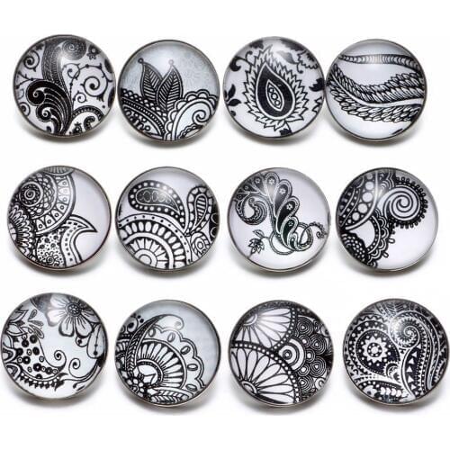 12pcs/lot Black&White Theme Paisley Element Pattern 18mm Snap Button Charms For 18mm Snaps Bracelet Snap Jewelry KZ0629c