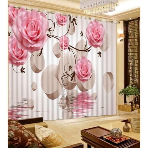 3D Curtain Home Bedroom Decoration Pink Flowers, Cylindrical Blackout Curtain Fabric 3D Photo Window Curtains