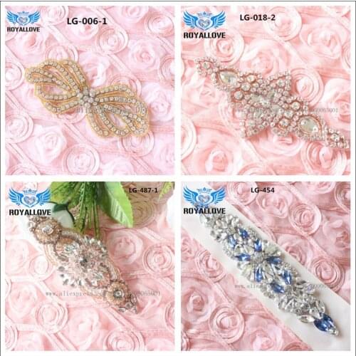 4 pieces Rose gold Wedding Rhinestone Applique Crystal Beaded patch Accessories for Wedding Dress Bridal Belt Headpiece Bags