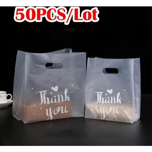 50PCS Thank You Gift Wrapping Bags Candy Cookie Cake Shop Pastry Packaging Bag With Hand Household Plastic Storage Shopping Bag