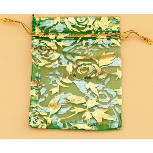 500pcs a Lot 13x18cm Green Color Rose Print Organza Bags Jewelry Candy Packaging Bags Strong Sheer Organza Pouch Yarn Bags