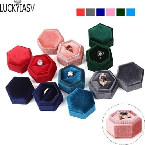 6 Color Velvet Double Ring Box Hexagon Wedding Ceremony Ring Box with Detachable Lid Box