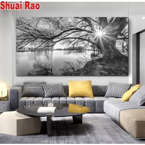 Needlework 5D DIY Diamond Painting Black and white lakeside tree scenery Diamond Embroidery Full Round Square mosaic Rhinestones
