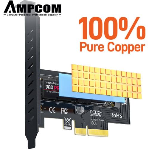 AMPCOM M.2 NVME SSD to PCIe 4.0 X4 Adapter Card with Copper Cooling Best Heatsink Upgrade for PC , PCIE GEN4 Full Speed 64Gbps