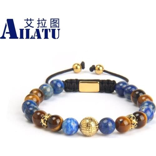 Ailatu New Stainless Steel Cross Macrame Bracelet with 8mm Nautural Lapis & tiger Eye Stone Beads Top Quality