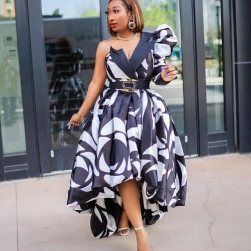 Black Print African Dresses for Women 2021 Summer Midi Dress African Clothes Dashiki Sexy One Sleeve Gowns Robe Africaine Femme