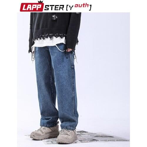 LAPPSTER-Youth Men Blue Patchwork Vintage Jeans 2021 Spring Mens Harajuku Japanese Streetwear Harem Pants Solid Denim Joggers