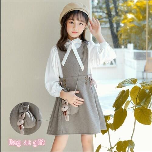 Girls Set Kids Bow Blouse Dress 2 Pcs Suit Small Bag as Gift 2021 Spring Winter Childrens Sets Teen Clothes Girls 14 Years