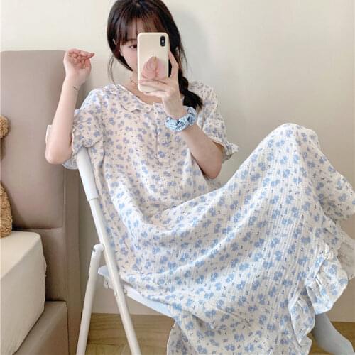 Korean Cotton Summer Nightgown Kawaii Soft Sleepwear Cotton Long Nightdress Ruffles O-Neck Short Sleeve Homewear Loose