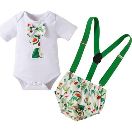Citgeett Summer Infant Baby Boys Suit Set Avocado Print Short Sleeve Romper+ Suspender Shorts Clothes Set