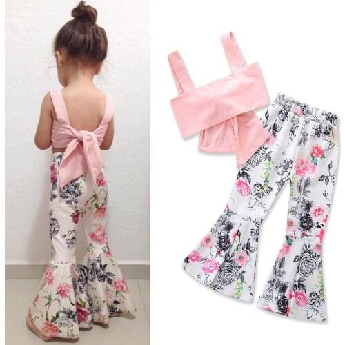 Girls Summer Lovely Clothes Sling Top + Bell-bottomed Pants 2Pcs/Set For Age 2-6 Years Old Children Clothing