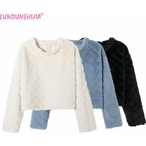 LUNDUNSHIJIA 2021 Autumn Faux fur Sweatshirt Women Sweaters Ladies Loose Fluffy Short Style Plush Comfort Plaid Pullovers Tops