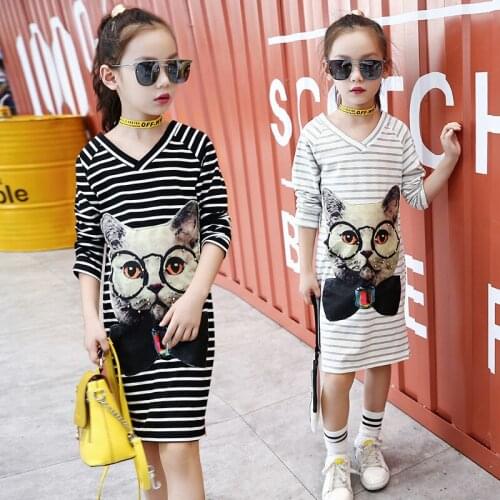 Girls Spring And Autumn Cartoon Cat Girls Party Dress Cotton Long Sleeve T-Shirt