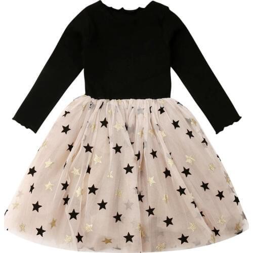 2019 Princess Autumn Infant Baby Girls Dress 2-7Y Star Print Lace Patchwork Knee Length Tutu Dress Party