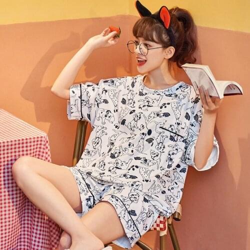 Summer Animal Dog Womens Pajamas O-Neck Pajamas Short-Sleeved Shorts Sleepwear Full Pure Cotton Pajama Set Home Service