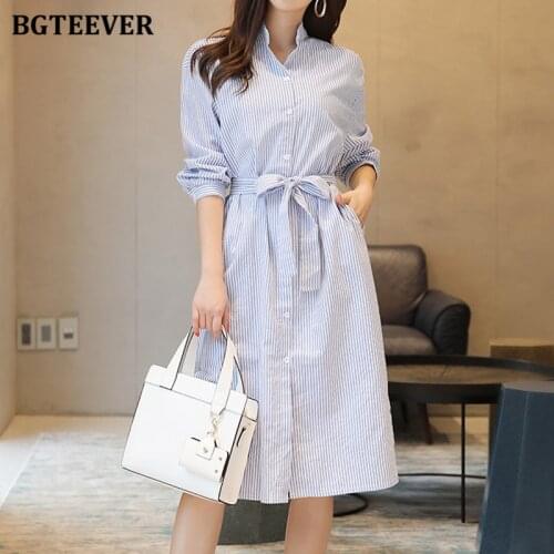 BGTEEVER Casual Loose Turn-down Collar Striped Midi Dress for Women 2021 Autumn Full Sleeve Lace-up Female A-line Dress Vestidos