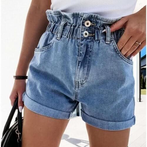Blue High Waist Women Casual Jeans Shorts Summer All-match Elastic Waist Button Pocket Lady Straight Denim Shorts For Woman