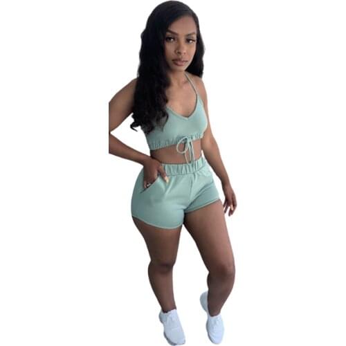 Sporty Athleisure Outfits Women Two 2 Piece Set Drawstring Deep Neck Tank Top and Elastic Waist Short Lady Activewear Tracksuits