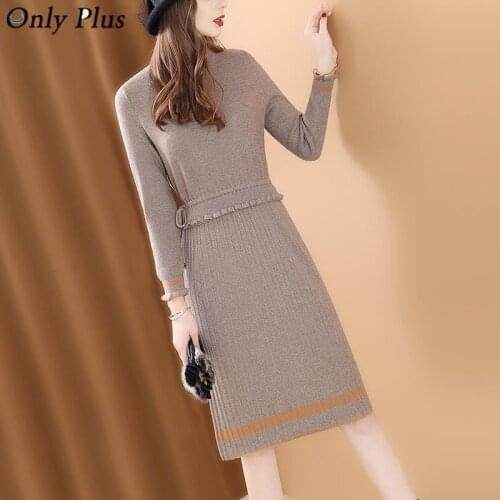 Only Plus Grey Knit Vintage Dresses For Women Casual Slim O-Neck Knitwear Sweater Dress Solid Pleat A-Line Winter Warm Vestidos