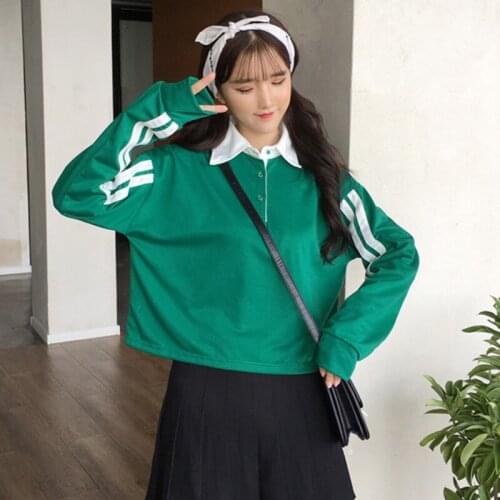 T-shirt Women Long Sleeve Striped Loose Simple All-match Korean Style Leisure Harajuku T-shirt Womens Stand Collar Trendy Tops